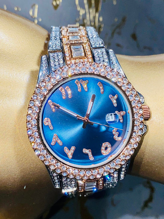 Two-tone silver and rose gold iced watch with sapphire blue dial and baguette bracelet – luxury streetwear timepiece