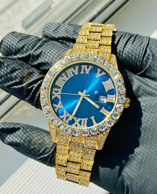 Gold iced 42MM watch with sapphire blue dial and Roman numerals on black velvet – Blue Frost by Time Flex