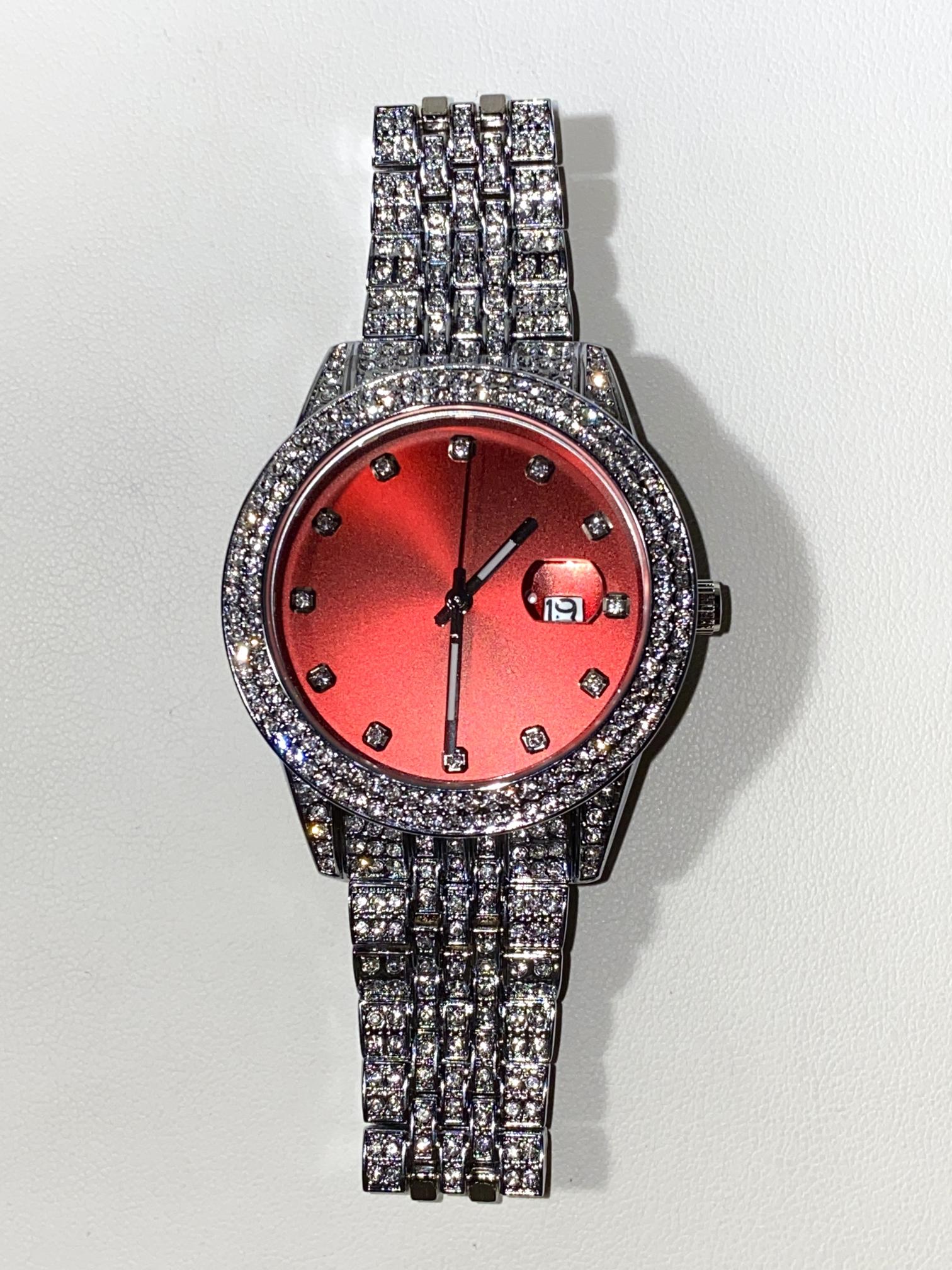 Iced-out 42MM silver watch with bold red dial and crystal bracelet – urban luxury style