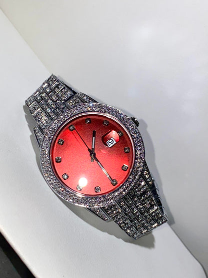Iced-out 42MM silver watch with bold red dial and crystal bracelet – urban luxury style