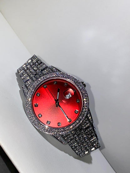 Iced-out 42MM silver watch with bold red dial and crystal bracelet – urban luxury style