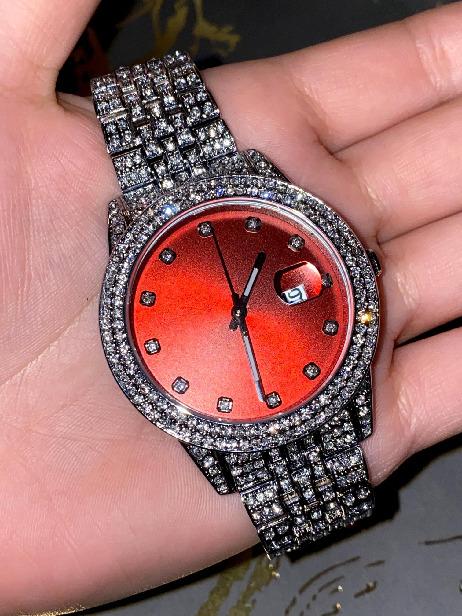 Iced-out 42MM silver watch with bold red dial and crystal bracelet – urban luxury style