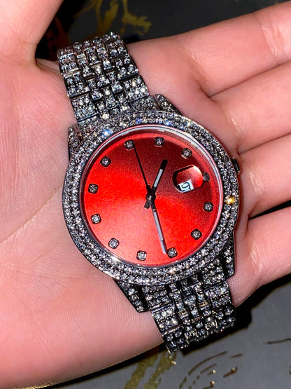 Iced-out 42MM silver watch with bold red dial and crystal bracelet – urban luxury style