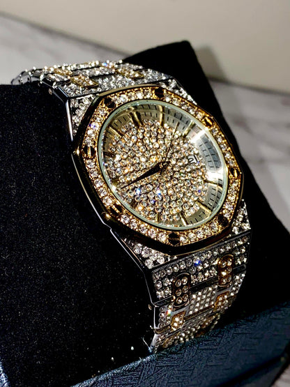 Two-tone silver and gold men's and women's watch with a diamond-studded dial and bezel. The watch features a sparkling design with crystal-encrusted links on the band, offering a luxurious, eye-catching appearance.