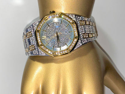 Two-tone silver and gold men's and women's watch with a diamond-studded dial and bezel. The watch features a sparkling design with crystal-encrusted links on the band, offering a luxurious, eye-catching appearance.