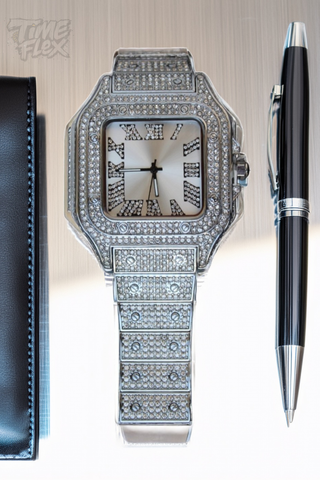 Silver-tone unisex watch with a square dial, crystal-encrusted bezel, and sparkling band. The watch features Roman numeral markers and a luxurious, diamond-studded design, offering a sleek and elegant look.