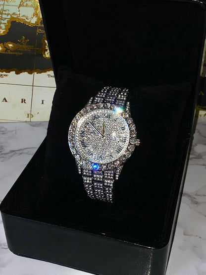 Silver iced-out watch with Roman numeral pavé dial and diamond bracelet – luxury streetwear timepiece
