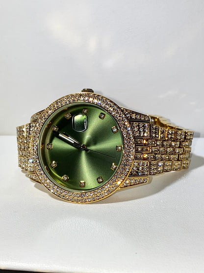 Gold iced-out 42MM watch with green dial, crystal markers, and pavé band – luxury streetwear style