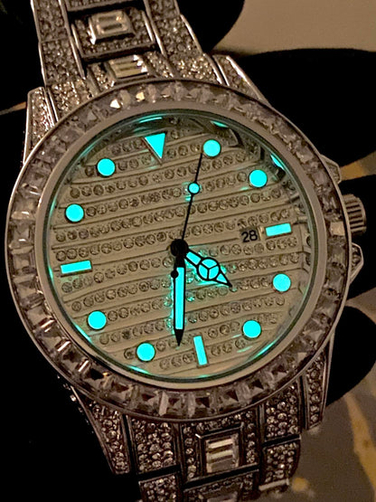 Silver iced-out watch with grid pavé dial, baguette bezel, and diamond bracelet – luxury streetwear timepiece