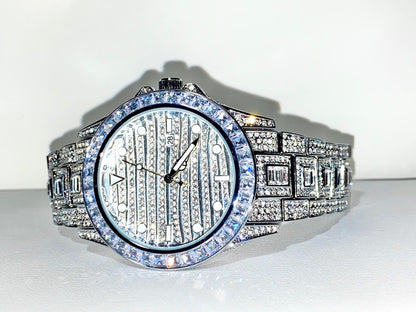 Silver iced-out watch with grid pavé dial, baguette bezel, and diamond bracelet – luxury streetwear timepiece
