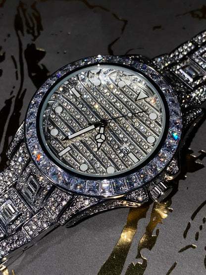 Silver iced-out watch with grid pavé dial, baguette bezel, and diamond bracelet – luxury streetwear timepiece