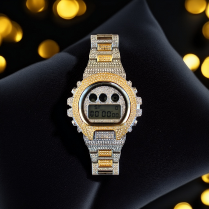 Two-tone iced-out digital watch with gold and silver band – urban streetwear style