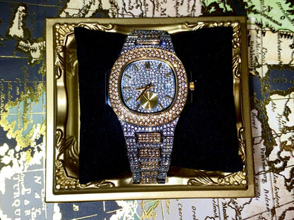 Two-tone iced-out watch with gold bezel accents, diamond pavé dial, and gold subdial – luxury streetwear style