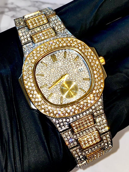 Two-tone iced-out watch with gold bezel accents, diamond pavé dial, and gold subdial – luxury streetwear style