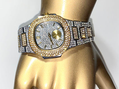 Two-tone iced-out watch with gold bezel accents, diamond pavé dial, and gold subdial – luxury streetwear style
