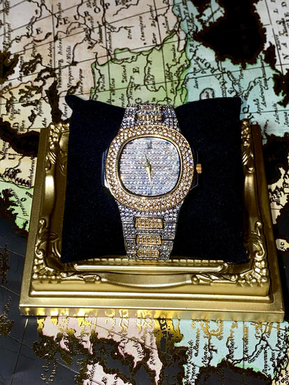 Two-tone iced-out watch with gold bezel, grid pavé dial, and diamond bracelet – luxury streetwear style
