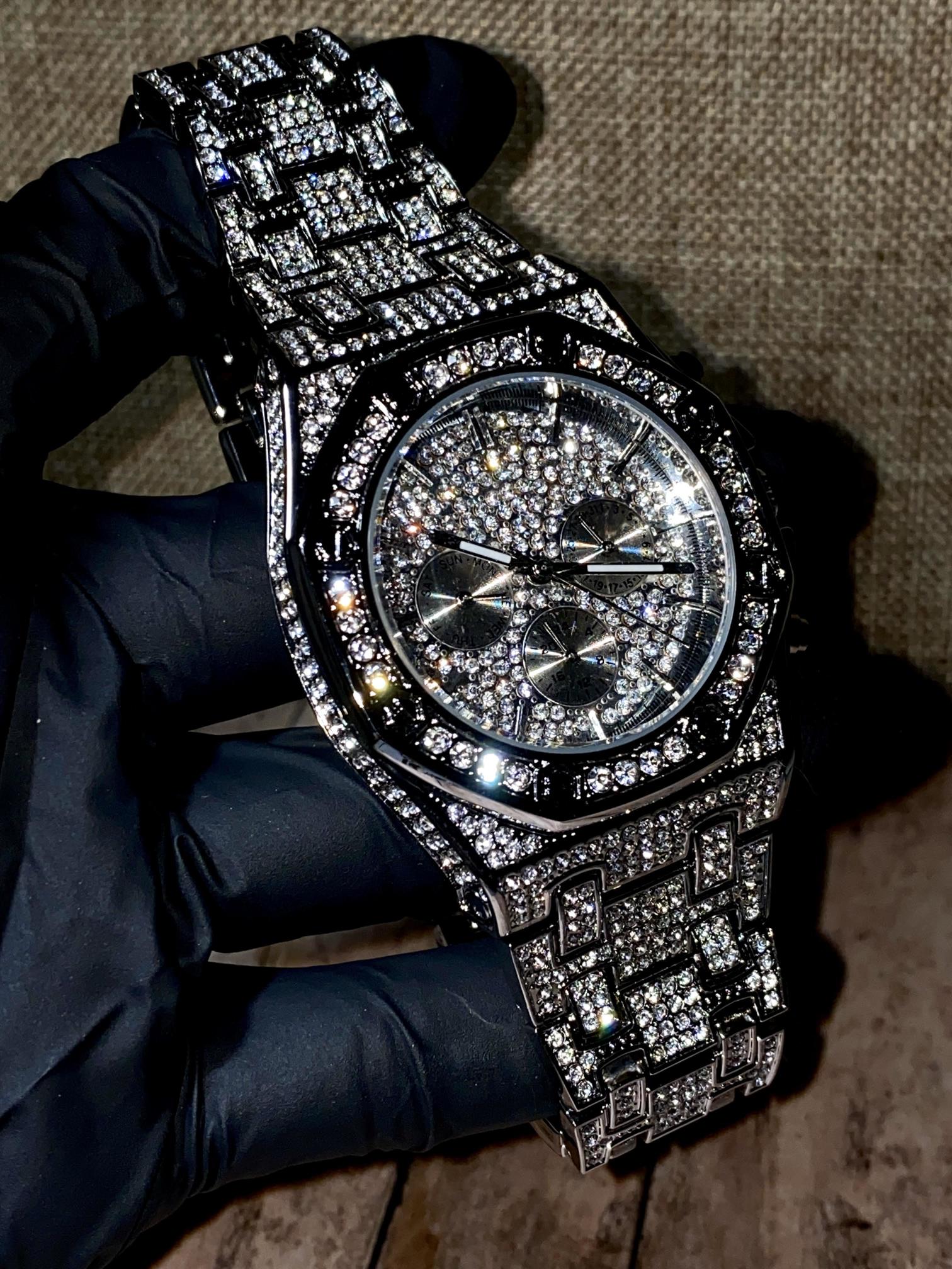 Silver iced-out octagon chronograph watch with pavé dial and diamond bracelet – luxury streetwear timepiece