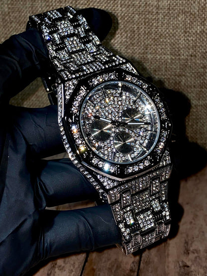 Silver iced-out octagon chronograph watch with pavé dial and diamond bracelet – luxury streetwear timepiece