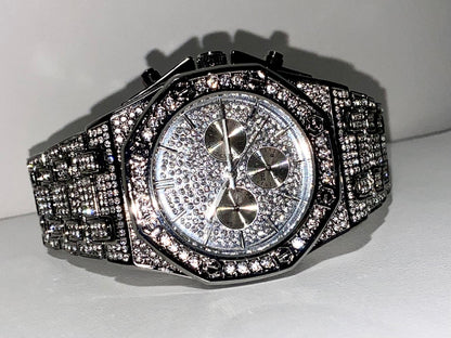 Silver iced-out octagon chronograph watch with pavé dial and diamond bracelet – luxury streetwear timepiece