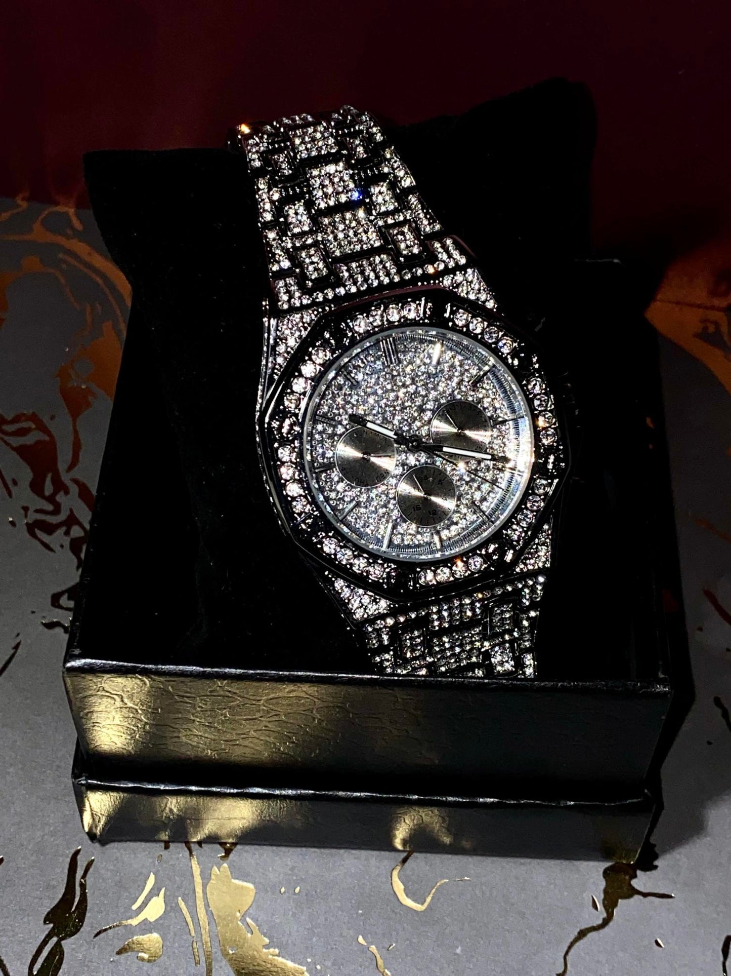 Silver iced-out octagon chronograph watch with pavé dial and diamond bracelet – luxury streetwear timepiece