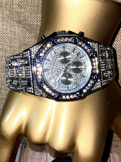 Silver iced-out octagon chronograph watch with pavé dial and diamond bracelet – luxury streetwear timepiece
