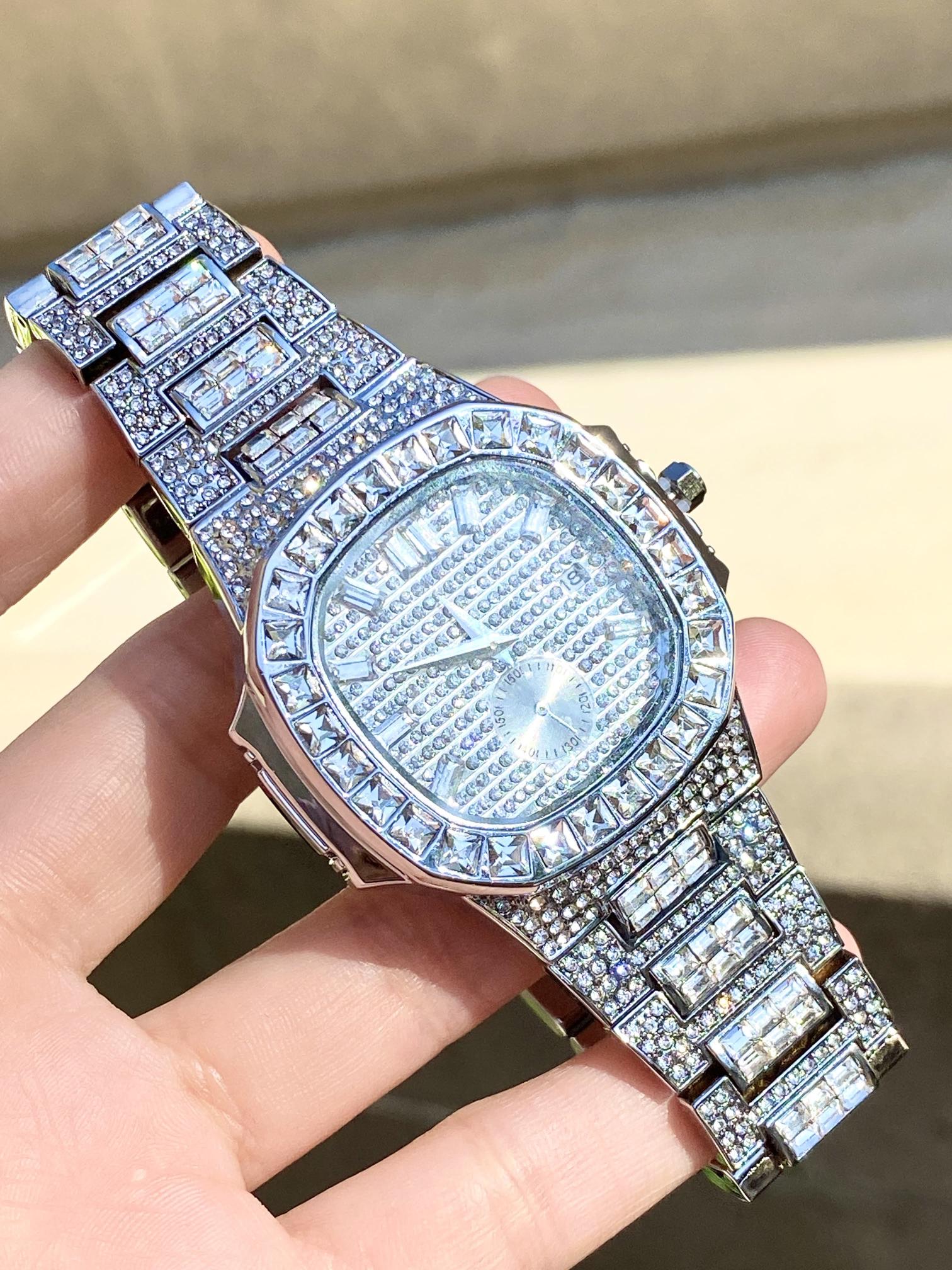 Luxury iced-out silver square watch with pavé dial and baguette bezel – platinum urban fashion
