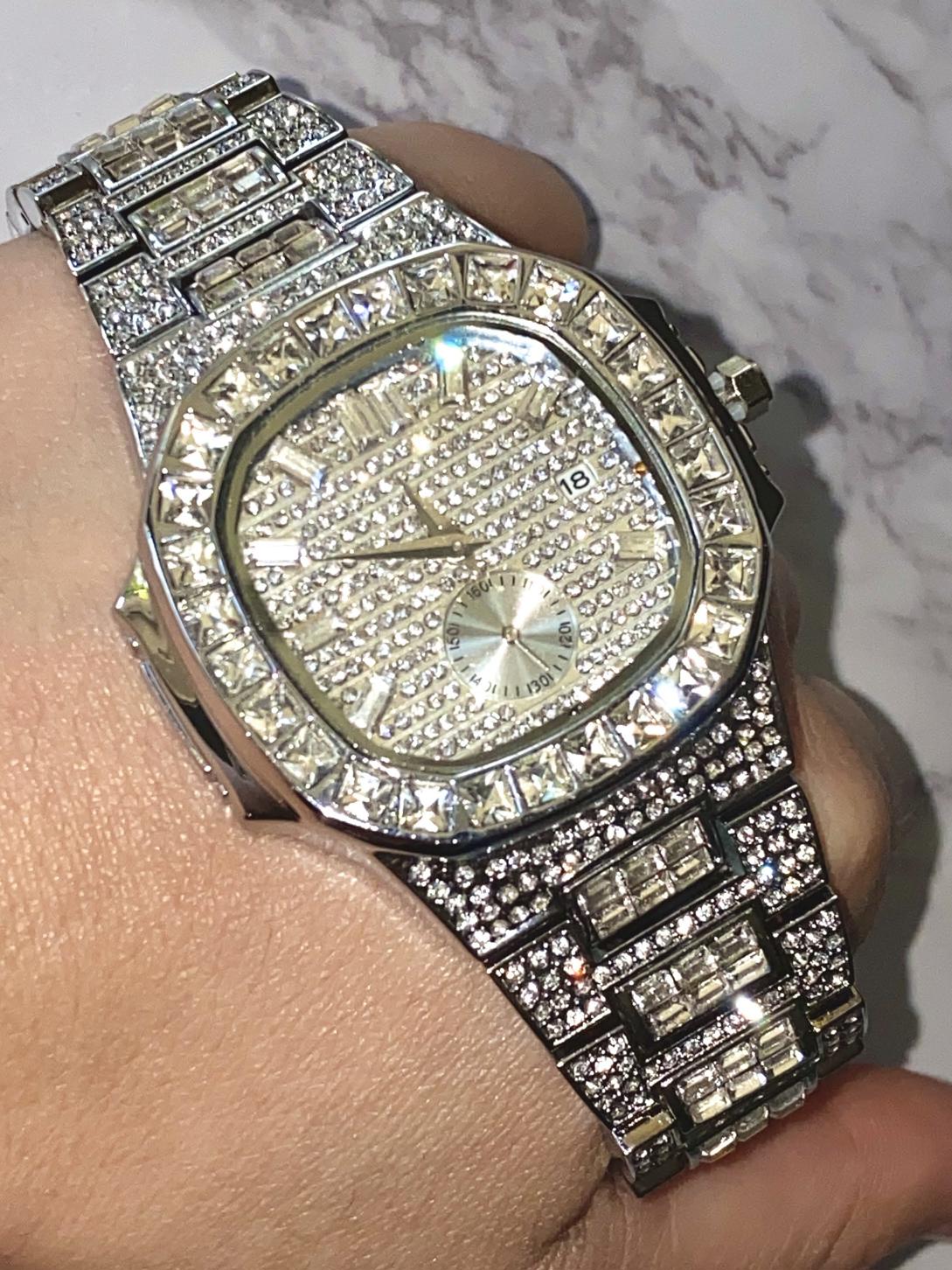 Luxury iced-out silver square watch with pavé dial and baguette bezel – platinum urban fashion