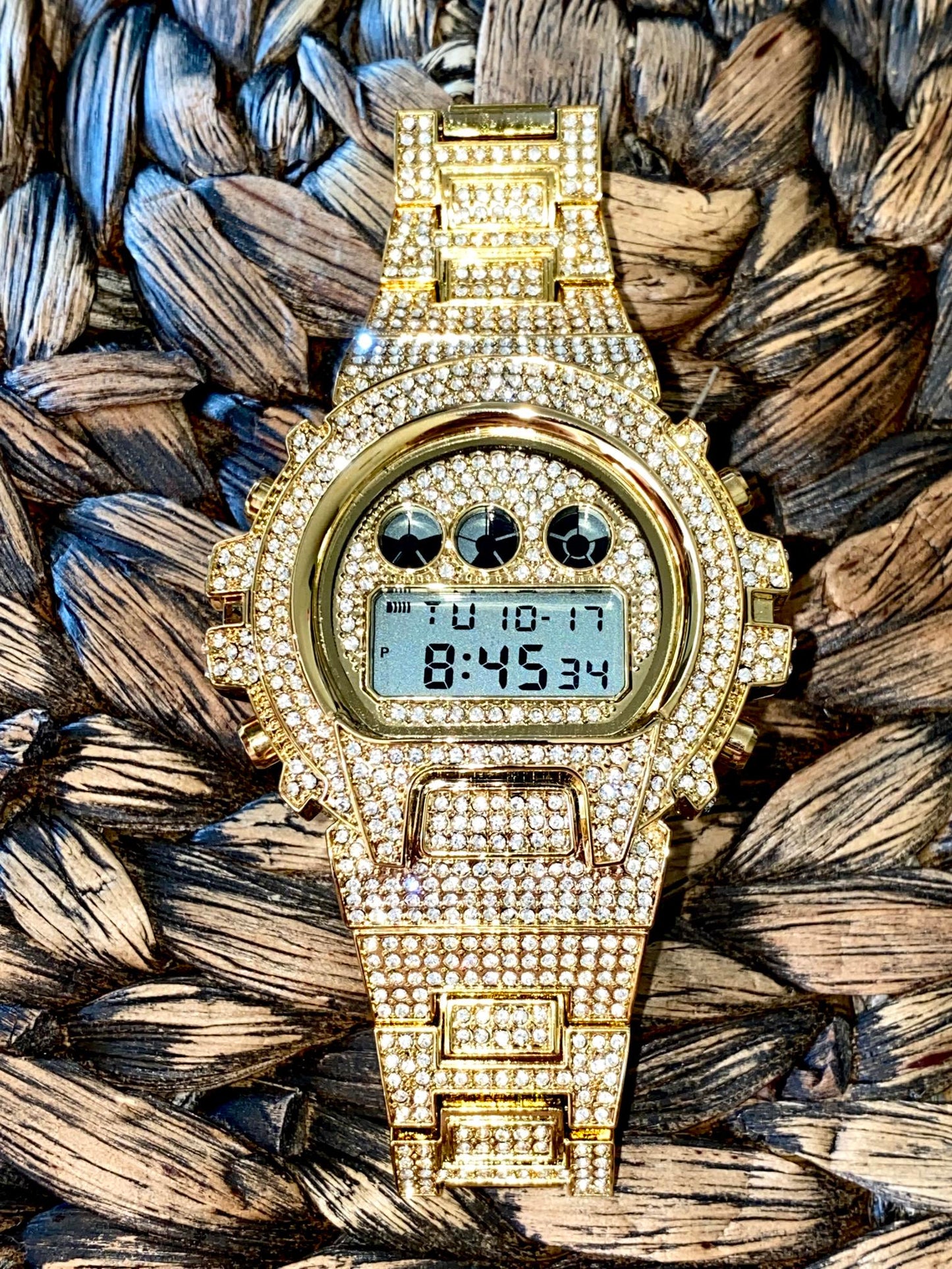 Gold iced-out digital watch with pavé bezel and bracelet – luxury tech streetwear style