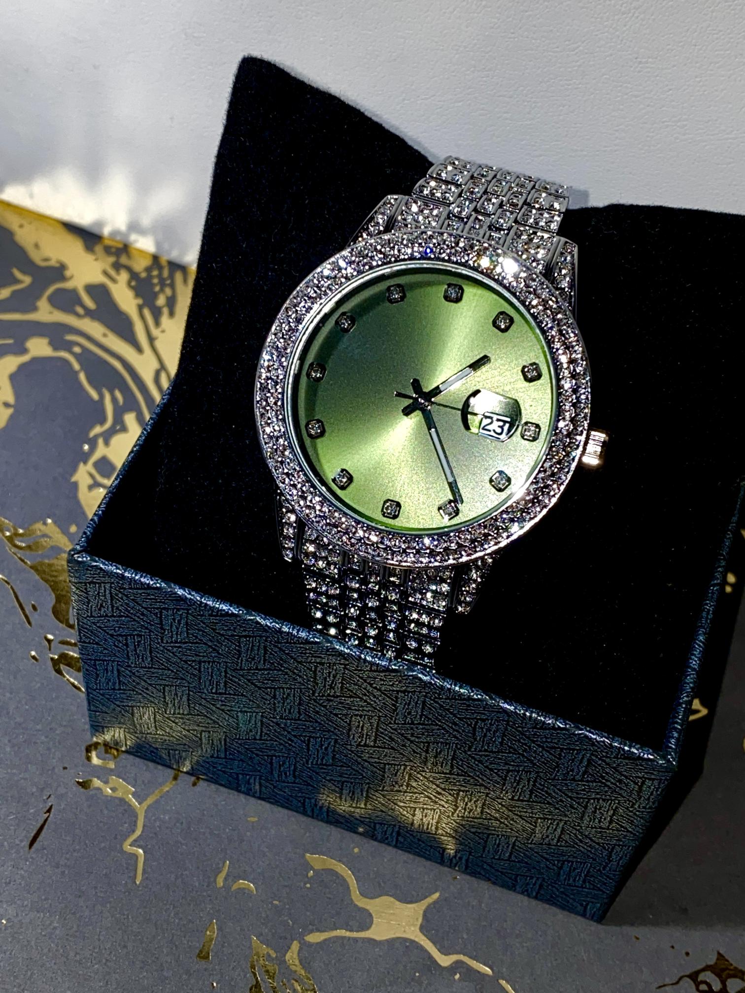 Silver iced-out watch with mint green dial and pavé bracelet – luxury streetwear style