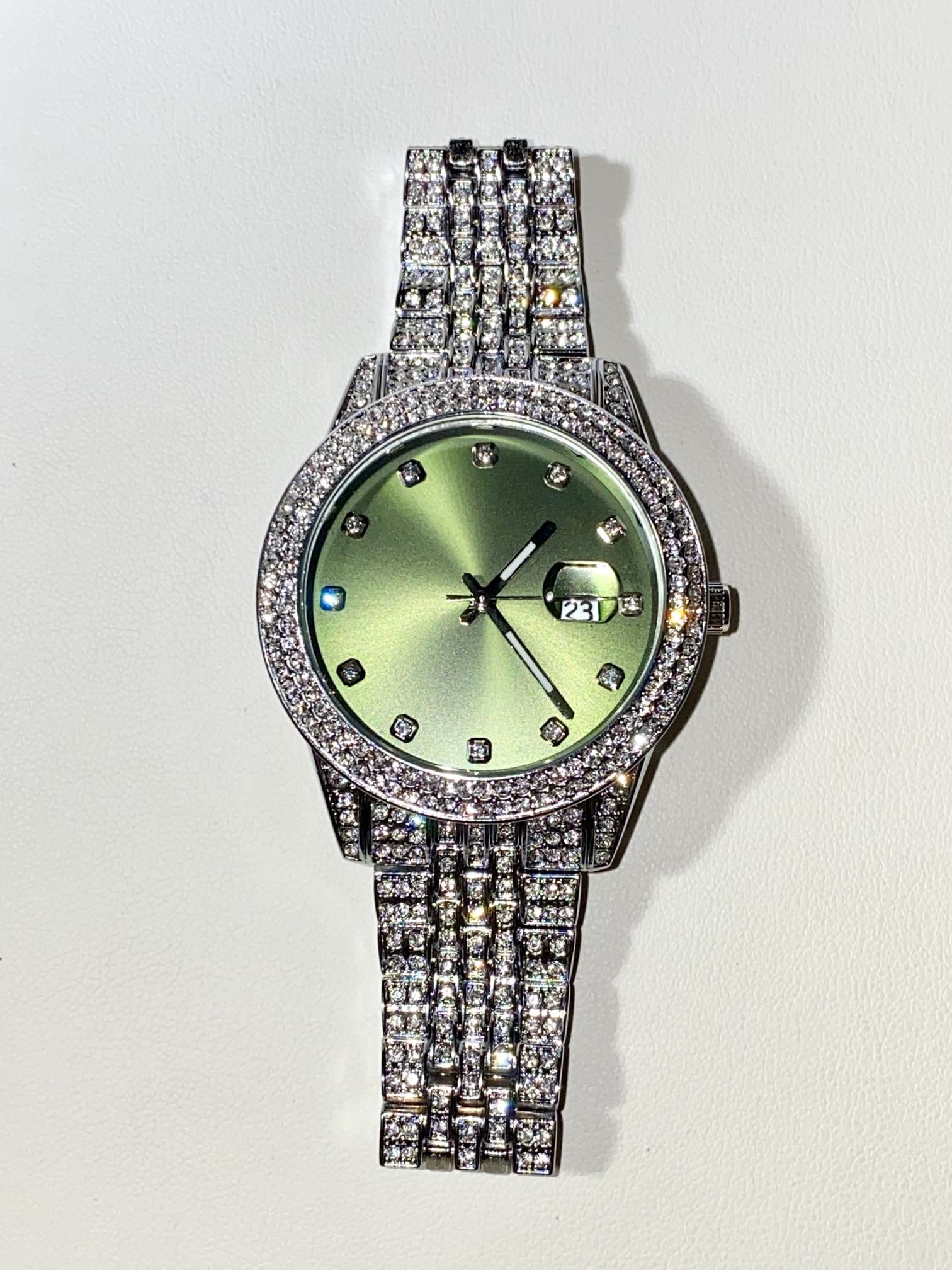 Silver iced-out watch with mint green dial and pavé bracelet – luxury streetwear style