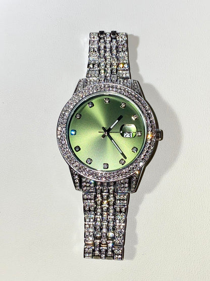 Silver iced-out watch with mint green dial and pavé bracelet – luxury streetwear style
