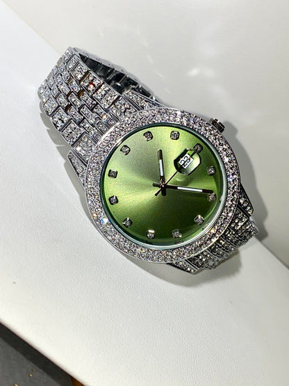 Silver iced-out watch with mint green dial and pavé bracelet – luxury streetwear style