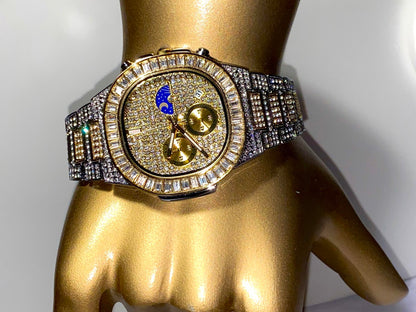 Two-tone iced-out watch with gold dial, moon phase complication, and baguette bezel – luxury diamond timepiece