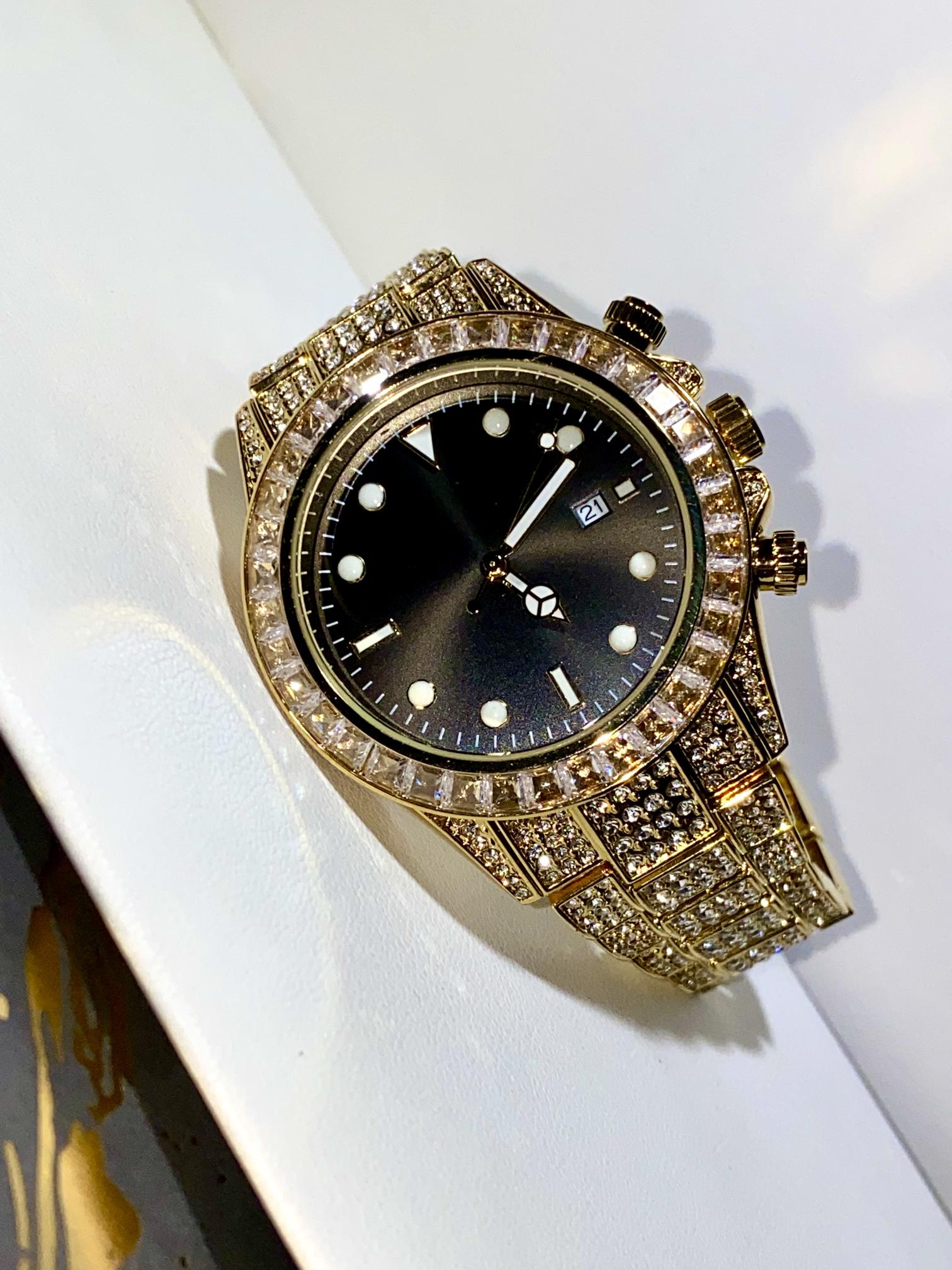 Gold iced chronograph watch with black dial on black silk background – NightBurst 42MM by Time Flex