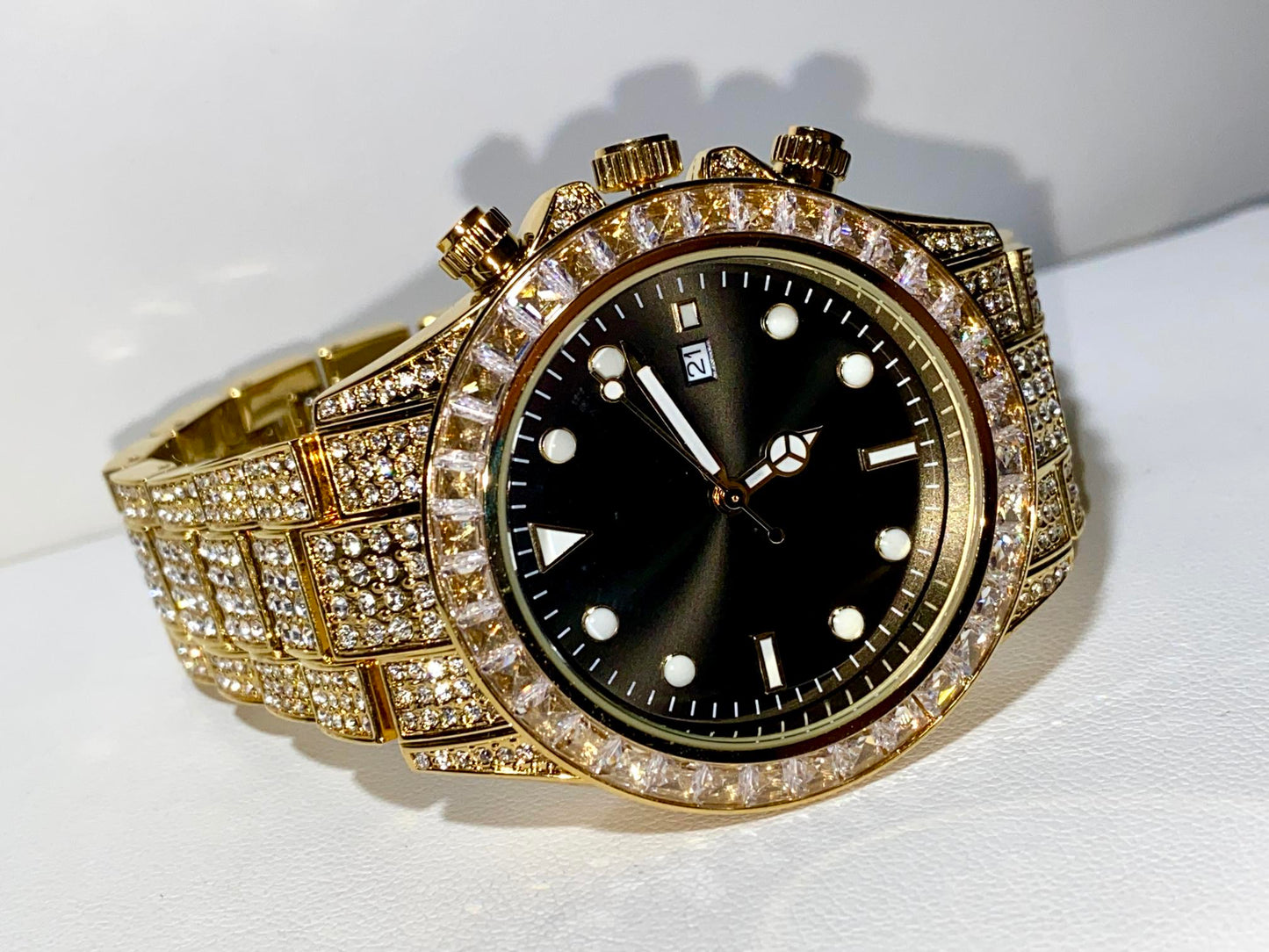 Gold iced chronograph watch with black dial on black silk background – NightBurst 42MM by Time Flex