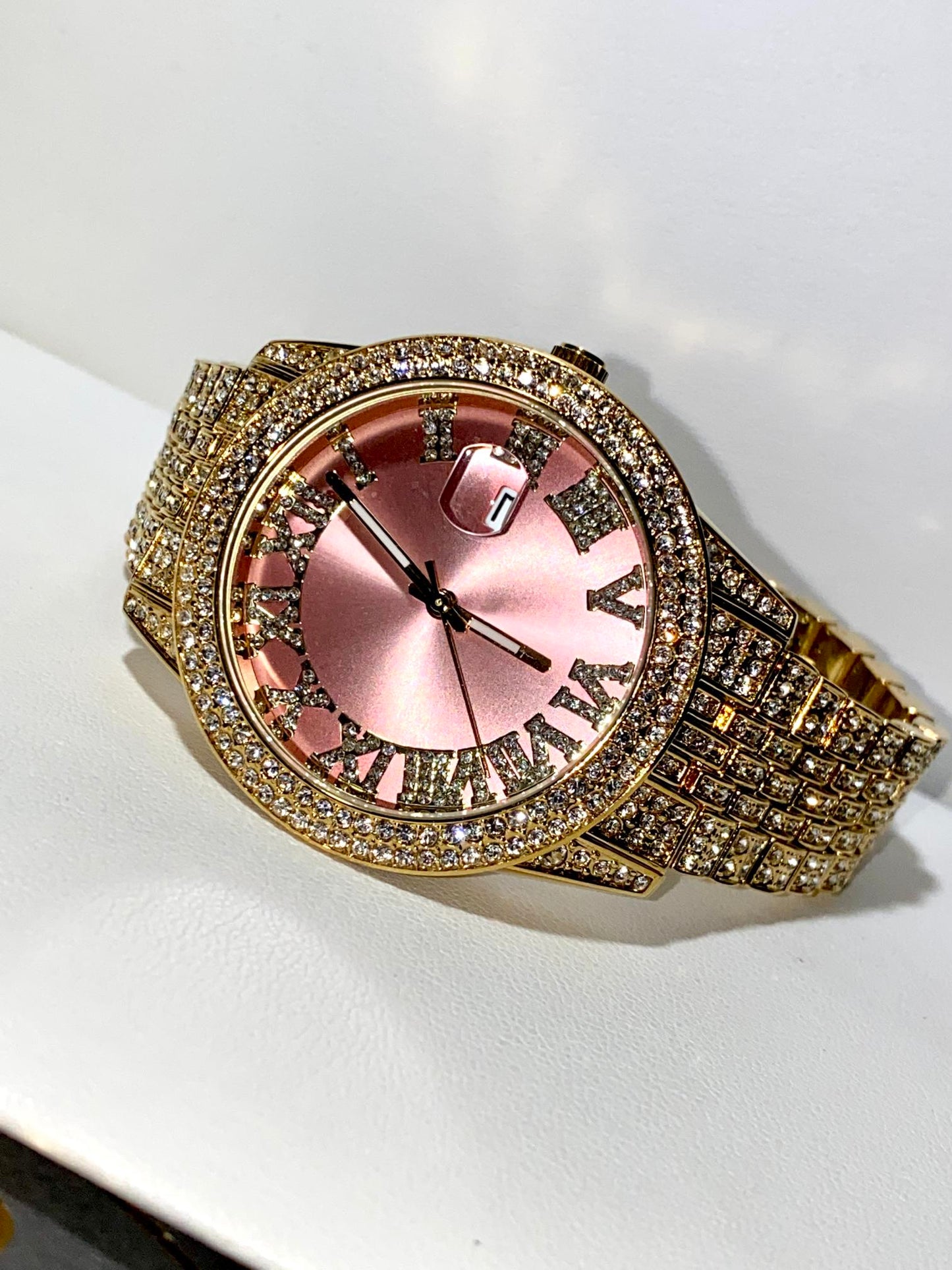 Time Flex Pink Luxe iced watch with Roman numerals and date display – soft glam hero image