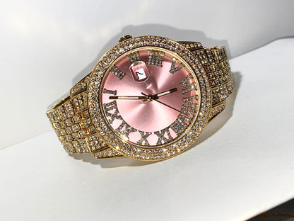 Time Flex Pink Luxe iced watch with Roman numerals and date display – soft glam hero image