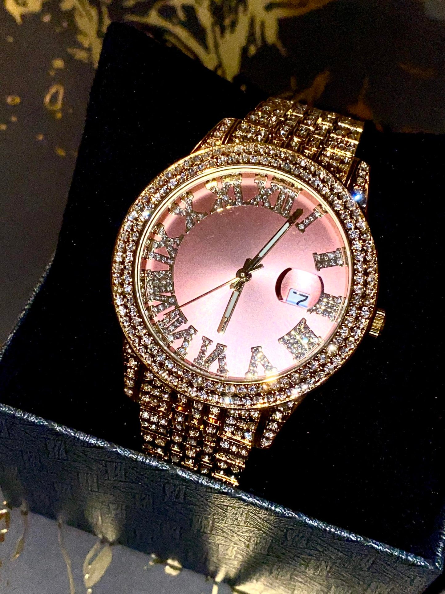 Time Flex Pink Luxe iced watch with Roman numerals and date display – soft glam hero image