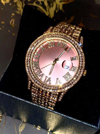 Time Flex Pink Luxe iced watch with Roman numerals and date display – soft glam hero image