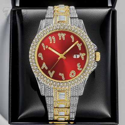 Two-tone silver and gold men's and women's watch with a red dial and diamond-studded bezel. The watch features crystal-encrusted Roman numerals, a date display at the 3 o'clock position, and a luxurious, sparkling band with rectangular stones.