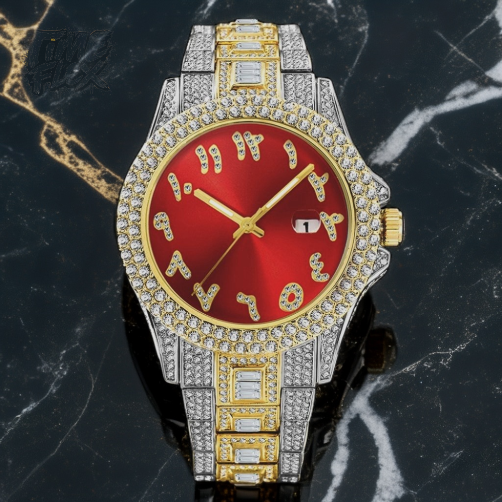 Two-tone silver and gold men's and women's watch with a red dial and diamond-studded bezel. The watch features crystal-encrusted Roman numerals, a date display at the 3 o'clock position, and a luxurious, sparkling band with rectangular stones.
