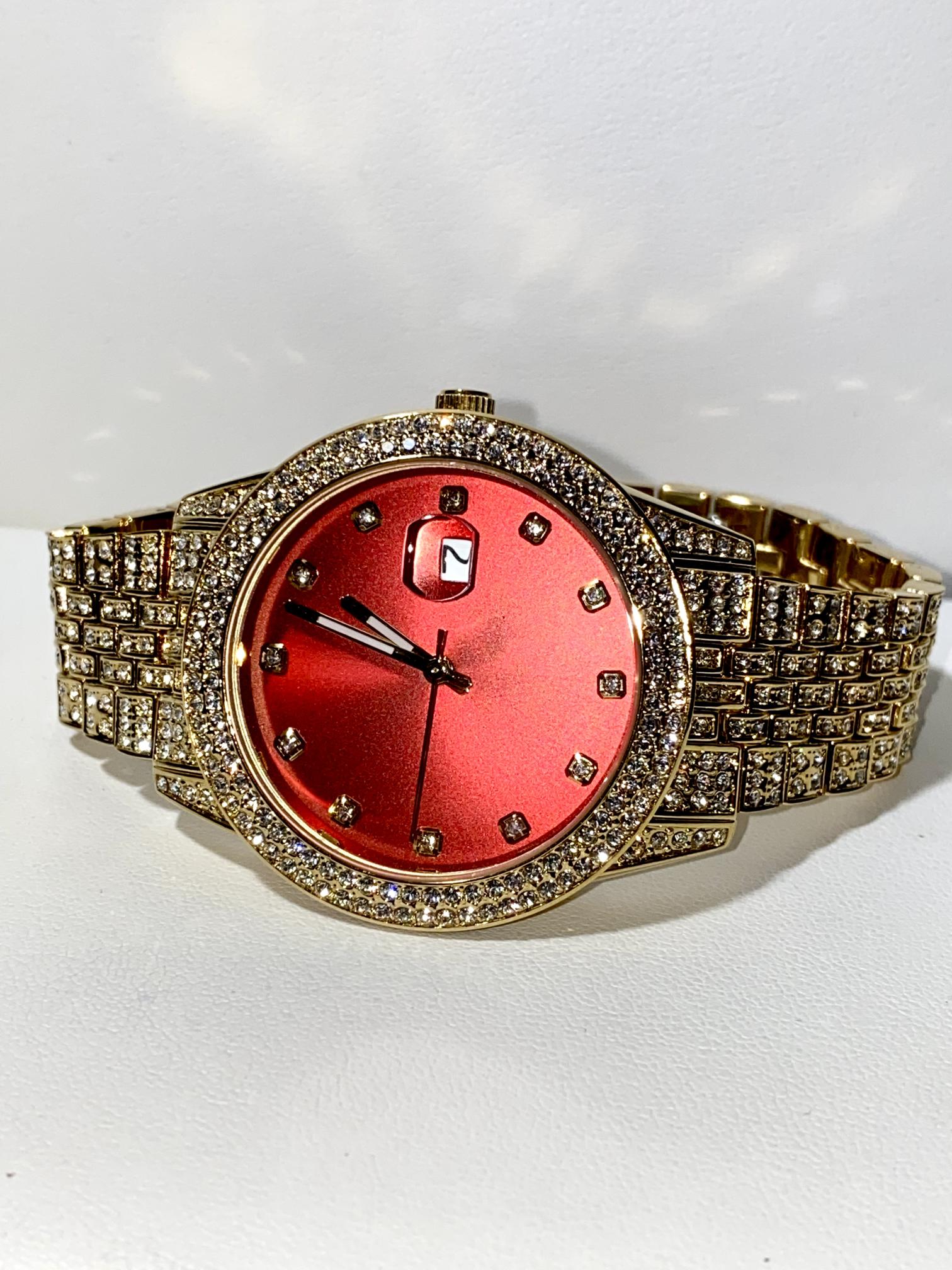Iced gold watch with red dial on satin background – Red Royale 42MM by Time Flex