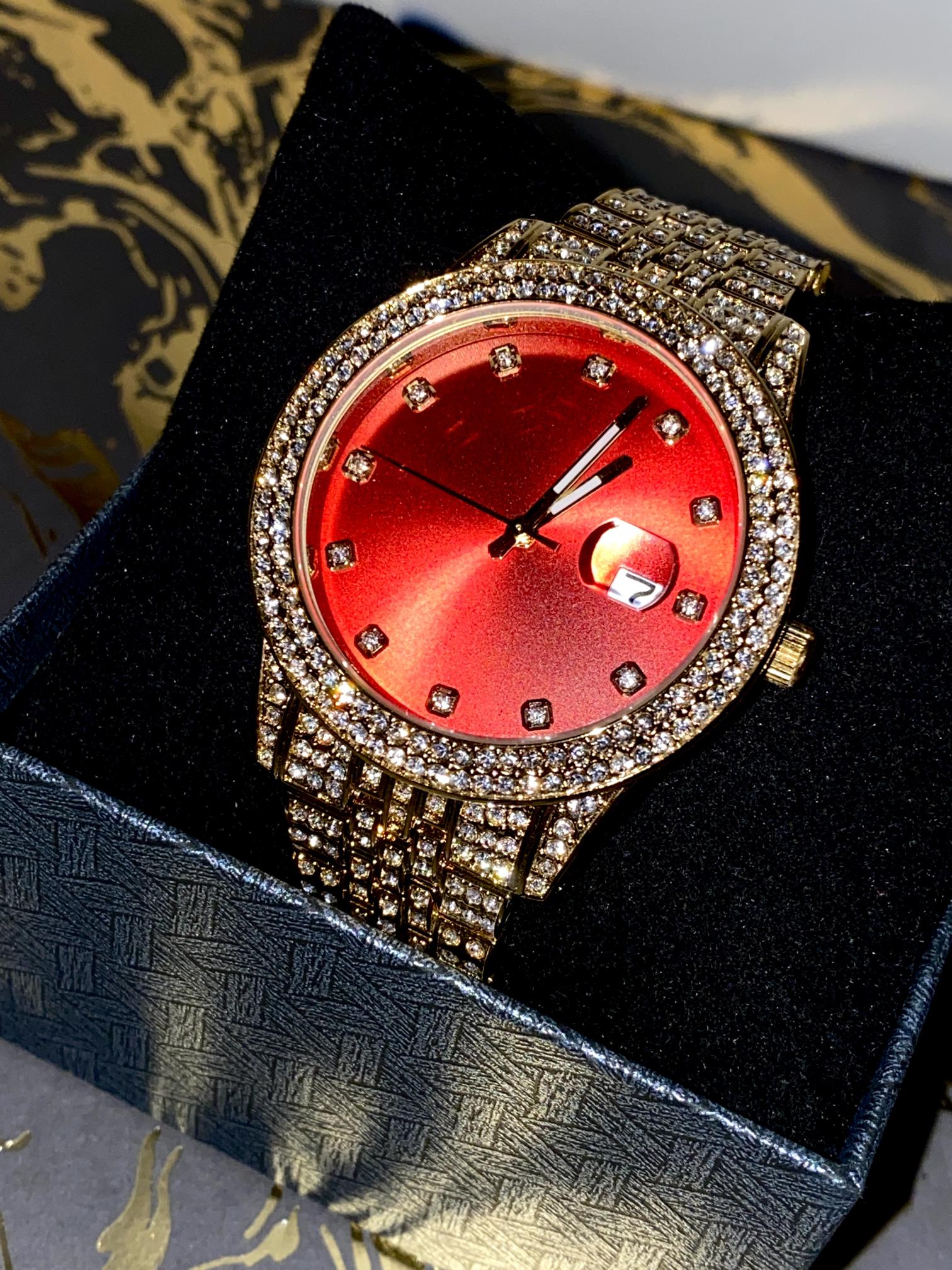 Iced gold watch with red dial on satin background – Red Royale 42MM by Time Flex
