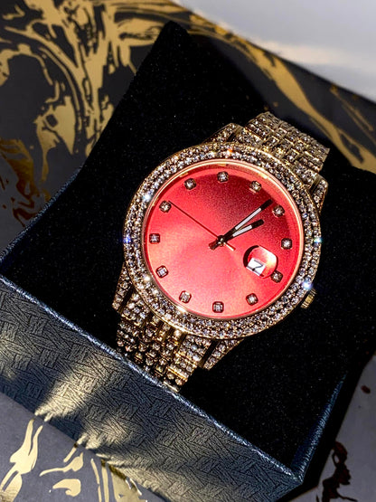 Iced gold watch with red dial on satin background – Red Royale 42MM by Time Flex