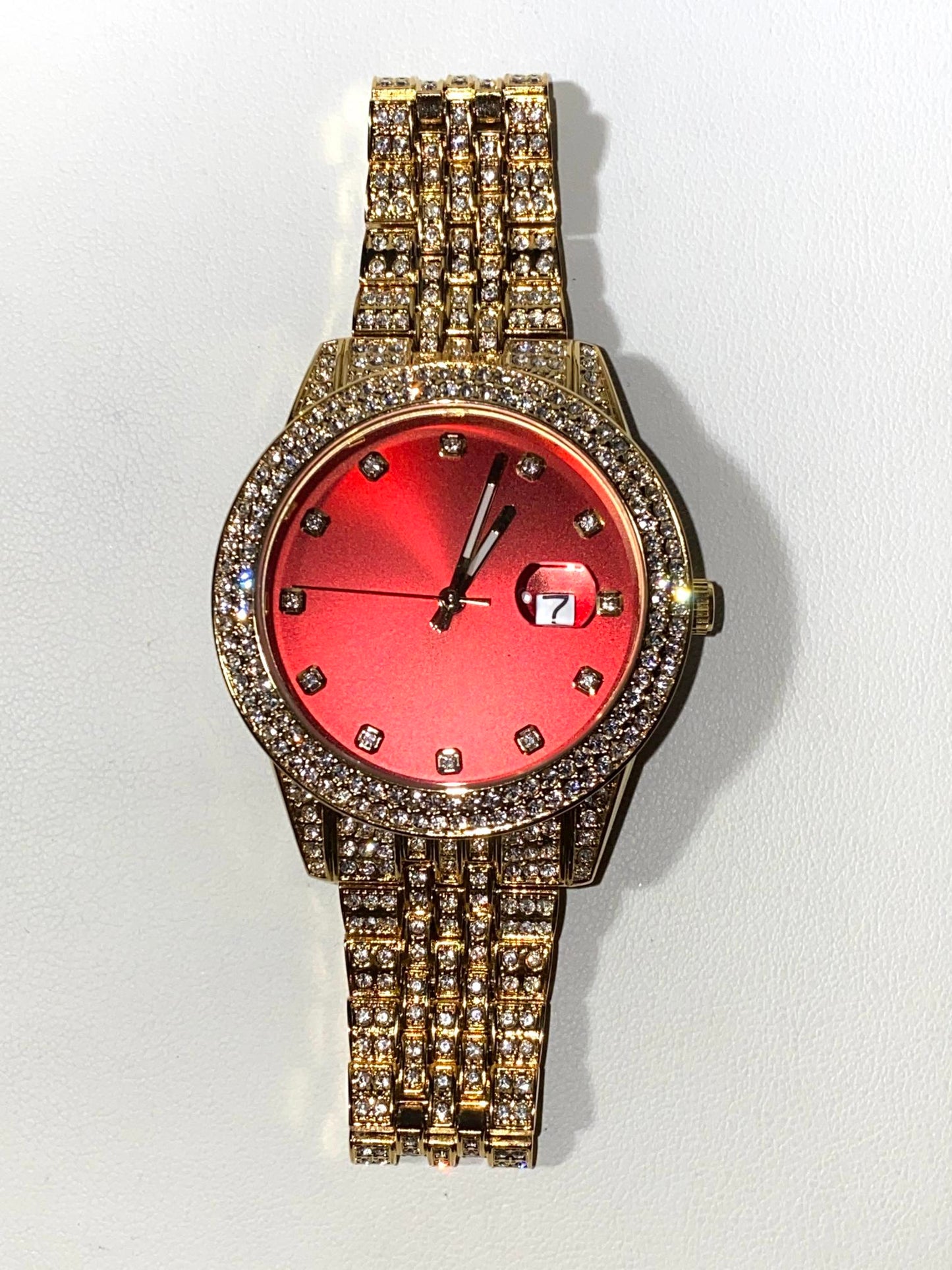 Iced gold watch with red dial on satin background – Red Royale 42MM by Time Flex