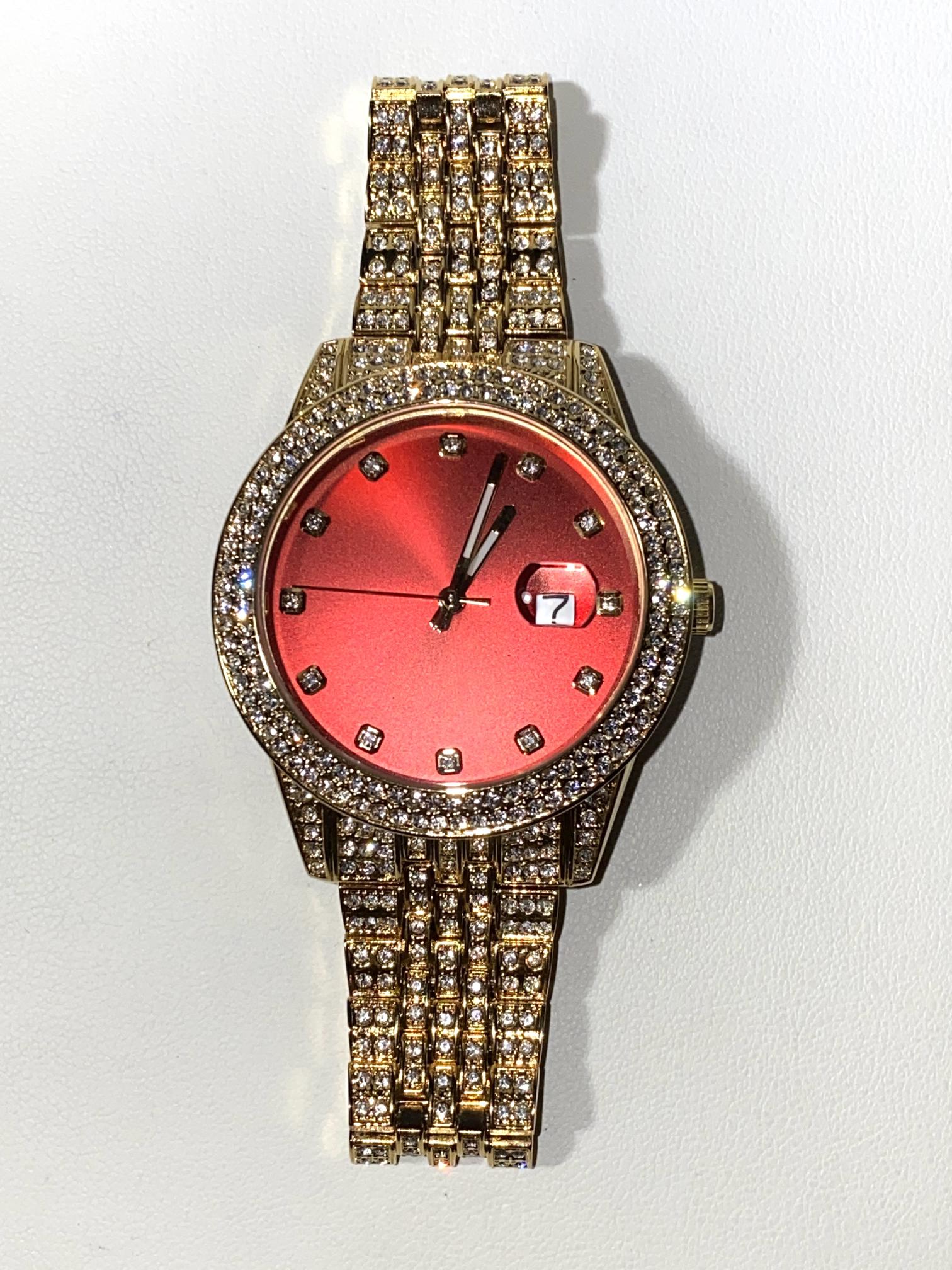 Iced gold watch with red dial on satin background – Red Royale 42MM by Time Flex