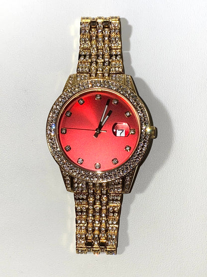 Iced gold watch with red dial on satin background – Red Royale 42MM by Time Flex