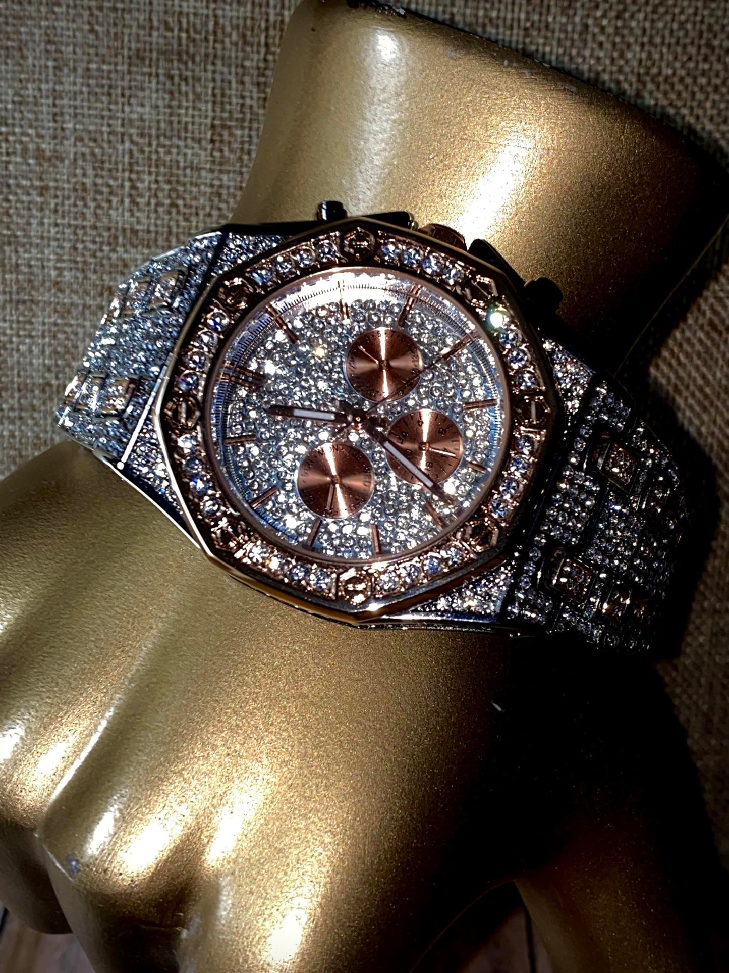 Two-tone rose gold and silver iced-out octagon chronograph watch with pavé dial – luxury streetwear timepiece