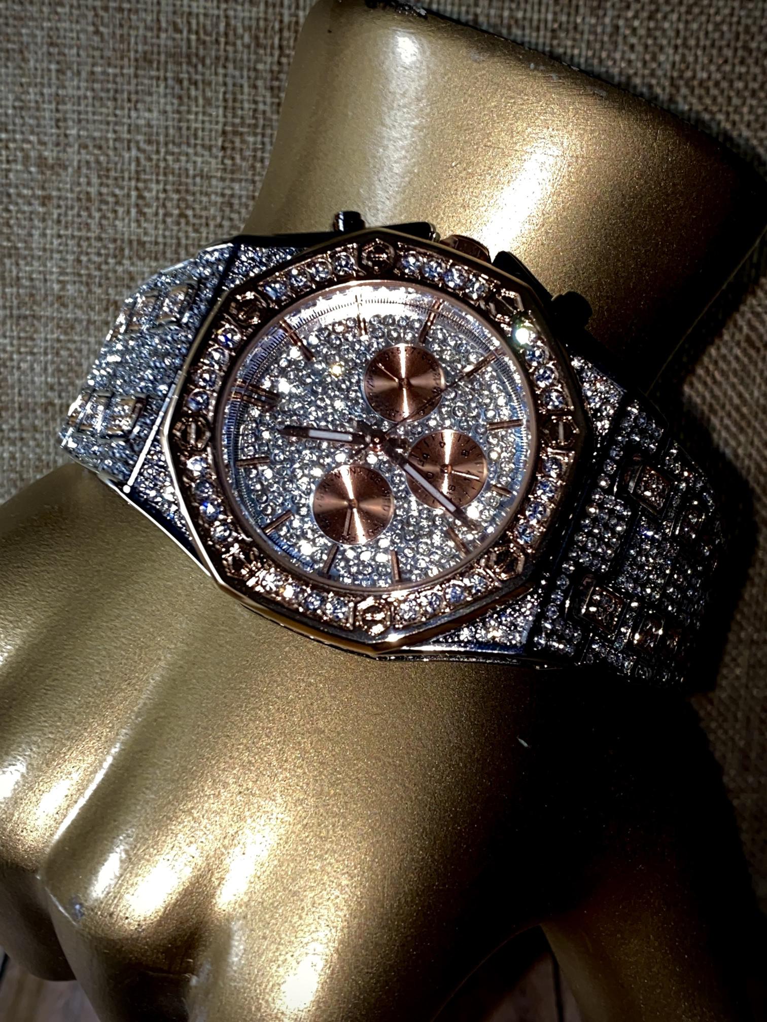 Two-tone rose gold and silver iced-out octagon chronograph watch with pavé dial – luxury streetwear timepiece