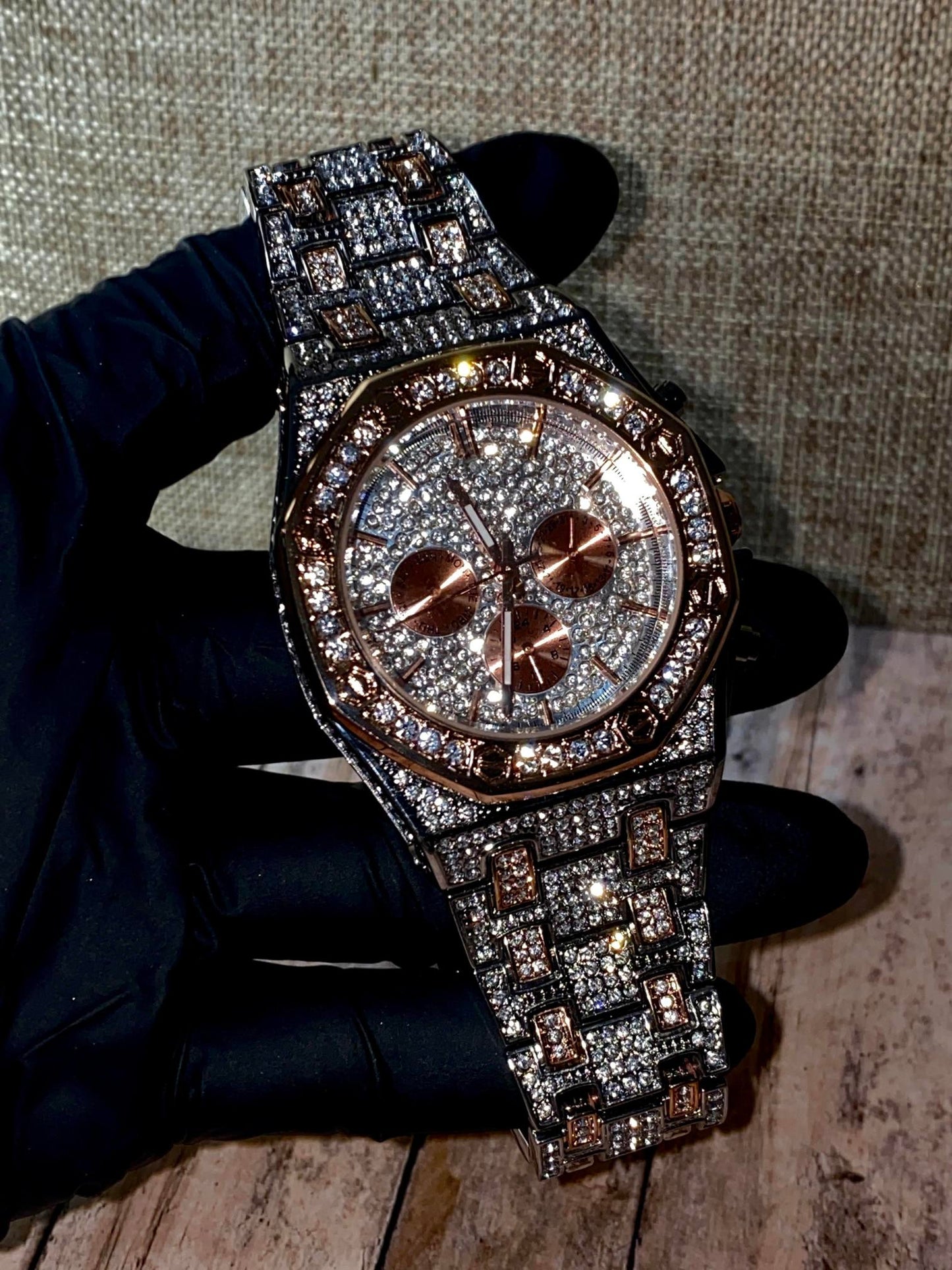 Two-tone rose gold and silver iced-out octagon chronograph watch with pavé dial – luxury streetwear timepiece